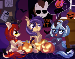 Size: 3299x2582 | Tagged: safe, artist:spookyle, imported from derpibooru, oc, oc only, oc:moonlit breeze, oc:pumpkin patch, oc:spookie, bat pony, kirin, pony, bat pony oc, female, halloween, holiday, jack-o-lantern, kirin oc, mare, michael myers, pumpkin