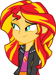 Size: 3000x3966 | Tagged: safe, artist:cloudy glow, imported from derpibooru, sunset shimmer, human, equestria girls, equestria girls (movie), clothes, eyebrows, female, high res, jacket, leather, leather jacket, simple background, smiling, smirk, solo, transparent background, vector