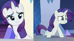 Size: 1280x720 | Tagged: safe, edit, edited screencap, imported from derpibooru, screencap, rarity, changeling, pony, unicorn, to where and back again, comparison, disguise, disguised changeling, fake rarity
