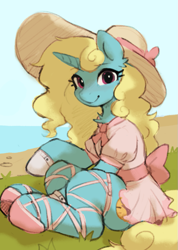 Size: 583x821 | Tagged: safe, artist:orchidpony, imported from derpibooru, oc, oc only, oc:seafoam breeze, pony, unicorn, clothes, cottagecore, cute, dress, female, grass, hat, horn, looking at you, mare, ocbetes, sitting, solo, sun hat