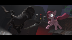 Size: 1920x1080 | Tagged: safe, artist:yrbertthecat, imported from derpibooru, pinkie pie, earth pony, human, pony, 2fort, 3d, auditor, clothes, crossover, food, glasses, gloves, gun, handgun, hank j. wimbleton, knife, madness combat, motion blur, mouth hold, night, ninja, pink hair, pinkamena diane pie, pistol, popcorn, poster, source filmmaker, sword, this will end in death, this will end in tears, this will end in tears and/or death, watermark, weapon