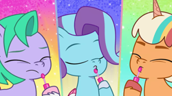 Size: 3300x1849 | Tagged: safe, imported from derpibooru, screencap, earth pony, pegasus, pony, unicorn, spoiler:g5, spoiler:my little pony: tell your tale, spoiler:tyts01e28, female, filly, foal, g5, glory (g5), lip gloss, my little pony: tell your tale, peach fizz, pippsqueak trio, pippsqueaks, pippsqueaks forever, seashell (g5)