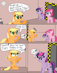 Size: 2550x3278 | Tagged: safe, artist:alyssafire, artist:nightshadowmlp, imported from derpibooru, applejack, pinkie pie, twilight sparkle, alicorn, comic:five am at pinkie's: the prequel, comic, dialogue, five nights at freddy's, five nights at pinkie's, hatless, missing accessory, smiling, twilight sparkle (alicorn)