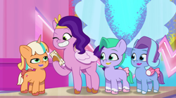 Size: 3300x1849 | Tagged: safe, imported from derpibooru, screencap, pipp petals, earth pony, pegasus, pony, unicorn, spoiler:g5, spoiler:my little pony: tell your tale, spoiler:tyts01e28, animation error, female, filly, foal, g5, glory (g5), lip gloss, my little pony: tell your tale, one eye closed, peach fizz, pippsqueak trio, pippsqueaks, pippsqueaks forever, seashell (g5), wink