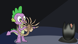 Size: 1920x1080 | Tagged: safe, artist:platinumdrop, imported from derpibooru, spike, alien, dragon, facehugger, alien (franchise), fight, male, request, this will end in death