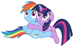 Size: 800x502 | Tagged: safe, artist:benpictures1, imported from derpibooru, rainbow dash, twilight sparkle, pegasus, pony, unicorn, dragonshy, cute, dashabetes, duo, duo female, ears back, female, floppy ears, hug, inkscape, lesbian, scared, shipping, simple background, transparent background, twiabetes, twidash, unicorn twilight, vector