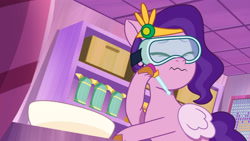 Size: 3410x1920 | Tagged: safe, imported from derpibooru, screencap, pipp petals, pegasus, pony, spoiler:g5, spoiler:my little pony: tell your tale, spoiler:tyts01e28, eyes closed, female, g5, goggles, high res, mare, my little pony: tell your tale, pippsqueaks forever, solo, youtube link