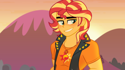 Size: 4000x2250 | Tagged: safe, artist:orin331, imported from derpibooru, sunset shimmer, human, equestria girls, clothes, equestria guys, geode of empathy, grin, leather, leather vest, looking away, magical geodes, male, rule 63, smiling, sun, sunset, sunset glare, sunset shimmer day, vest