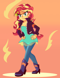 Size: 1700x2200 | Tagged: safe, artist:lifes-remedy, imported from derpibooru, sunset shimmer, human, equestria girls, boots, clothes, female, frown, hand on hip, high heel boots, pants, shoes, solo, unamused