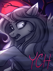 Size: 1657x2229 | Tagged: safe, artist:kannakiller, imported from derpibooru, oc, alicorn, pony, auction, auction open, commission, digital art, fog, frightened, horn, looking back, moon, open mouth, sketch, solo, spread wings, wings, wood, ych example, ych sketch, your character here