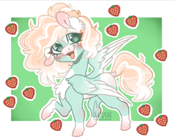 Size: 1206x966 | Tagged: artist needed, source needed, safe, artist:curryrice, imported from derpibooru, oc, oc only, pegasus, pony, blushing, chest fluff, food, open mouth, solo, strawberry