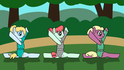 Size: 1920x1080 | Tagged: safe, artist:platinumdrop, imported from derpibooru, oc, oc only, oc:limber stretch, oc:ribbon dance, oc:rope jumper, earth pony, pony, acrobatics, female, flexible, mare, request, splits, trio, trio female