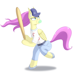 Size: 4000x4000 | Tagged: safe, artist:drakang, imported from derpibooru, fluttershy, pegasus, pony, anatomically incorrect, baseball, baseball bat, baseball cap, bipedal, bubblegum, cap, clothes, ear fluff, female, folded wings, food, game, gum, hat, hoof hold, incorrect leg anatomy, mare, shorts, simple background, solo, sports, sports shorts, uniform, white background, wings