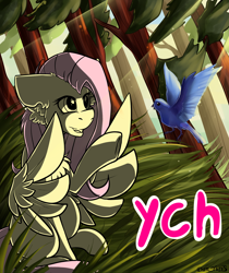 Size: 1576x1874 | Tagged: safe, artist:yuris, imported from derpibooru, oc, bird, pony, advertisement, auction, commission, cute, ear fluff, ears back, forest, grass, not fluttershy, smiling, solo, spread wings, tree, wings, ych sketch, your character here