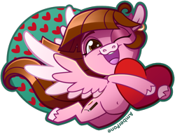 Size: 1164x886 | Tagged: safe, artist:amberpone, imported from derpibooru, oc, oc only, oc:shyfly, pegasus, pony, chibi, cute, digital, digital art, female, flying, gift art, happy, heart, mare, paint tool sai, pink fur, simple background, solo, transparent background, wings