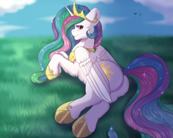 Size: 5315x4252 | Tagged: safe, artist:creed larsen, imported from derpibooru, princess celestia, alicorn, pony, butt, grass, hips, jewelry, looking at you, looking back, looking back at you, lying down, plot, prone, regalia, sky, smiling, solo, sunbutt, wings