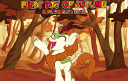 Size: 2064x1321 | Tagged: safe, artist:iknowpony, artist:not-yet-a-brony, imported from derpibooru, autumn blaze, kirin, 2022, a kirin tale, autumn, eyes closed, female, forest, mare, open mouth, raised hoof, september, singing, smiling, solo, youtube link in the description