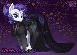 Size: 2543x1797 | Tagged: safe, artist:thehuskylord, imported from derpibooru, rarity, pony, unicorn, black dress, clothes, dress, embroidery, female, horn, jewelry, looking at you, mare, multiple variants, see-through, smiling, solo