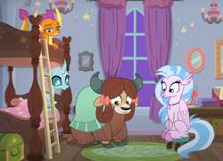 Size: 956x687 | Tagged: safe, imported from derpibooru, screencap, ocellus, silverstream, smolder, yona, changedling, changeling, classical hippogriff, dragon, hippogriff, yak, school raze, bow, bunk bed, cloven hooves, colored hooves, cropped, dormitory, dragoness, female, group, hair bow, jewelry, ladder, looking down, monkey swings, necklace, quartet, stool, window