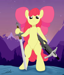 Size: 6000x7000 | Tagged: safe, artist:stormythetrooper, imported from derpibooru, apple bloom, earth pony, pony, absurd resolution, bipedal, crossbow, female, filly, foal, hoof hold, solo, sword, weapon
