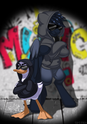 Size: 2815x4000 | Tagged: safe, artist:up1ter, imported from derpibooru, oc, oc only, oc:fenix, bird, duck, pegasus, pony, unicorn, bipedal, clothes, graffiti, headphones, hoodie, sunglasses, swag, two toned wings, wings