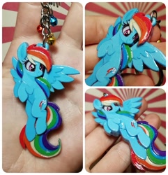 Size: 1043x1080 | Tagged: safe, artist:made_by_franch, imported from derpibooru, rainbow dash, pegasus, pony, commission, cute, cyrillic, dashabetes, female, flying, g4, hand, handmade, holding, irl, keychain, looking down, mare, merchandise, photo, sale, smiling, solo, spread wings, ukrainian, wings