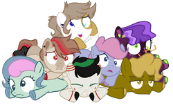 Size: 1614x984 | Tagged: safe, artist:fuckomcfuck, edit, imported from derpibooru, oc, oc:crumble, oc:extra-terrestrial, oc:half pipe, oc:party tricks, oc:scribbles, oc:sweet dreams, earth pony, pegasus, pony, base used, demi-girl, female, male, next generation, nonbinary, simple background, transparent background