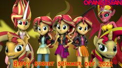 Size: 3840x2160 | Tagged: safe, artist:optimussparkle, imported from derpibooru, sunset shimmer, human, pony, unicorn, equestria girls, equestria girls series, 3d, crown, daydream shimmer, geode of empathy, human ponidox, jewelry, magical geodes, multeity, regalia, self paradox, self ponidox, shimmerstorm, source filmmaker, sunset satan, sunset shimmer day