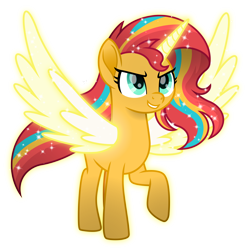 Size: 4944x5029 | Tagged: safe, artist:emeraldblast63, imported from derpibooru, sunset shimmer, alicorn, pony, equestria girls, alicornified, artificial horn, artificial wings, augmented, female, horn, magic, magic horn, magic wings, mare, movie accurate, race swap, rainbow power, rainbow power-ified, shimmercorn, simple background, solo, sunset shimmer day, transparent background, wings
