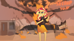 Size: 1920x1080 | Tagged: safe, artist:fiveclassified, imported from derpibooru, sunset shimmer, human, equestria girls, evil grin, fiery shimmer, fire, grin, guitar, musical instrument, nuketown, punkset shimmer, ruin, russia, smiling, solo, sunrise, sunset shredder, voznesenie
