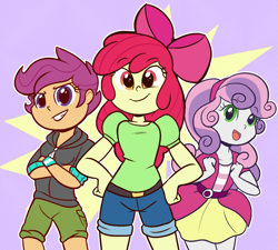 Size: 1157x1041 | Tagged: safe, artist:cookieboy011, imported from derpibooru, apple bloom, scootaloo, sweetie belle, human, equestria girls, apple bloom's bow, bow, clothes, crossed arms, cutie mark crusaders, hair bow, hand on hip, jacket, open mouth, open smile, shirt, shorts, skirt, smiling, t-shirt