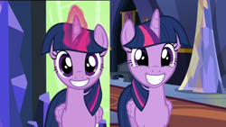 Size: 1920x1080 | Tagged: safe, edit, edited screencap, imported from derpibooru, screencap, twilight sparkle, alicorn, changeling, pony, season 5, season 6, to where and back again, what about discord?, 1080p, coincidence i think not, comparison, cute, disguise, disguised changeling, faic, fake twilight, female, looking at you, mare, smiling, solo, twiabetes, twilight sparkle (alicorn), twilight's castle