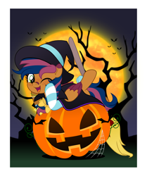 Size: 4188x5000 | Tagged: safe, artist:jhayarr23, imported from derpibooru, oc, oc only, oc:solar comet, pegasus, bandaid, bow, clothes, costume, cute, disguised changedling, halloween, halloween costume, hat, holiday, jack-o-lantern, one eye closed, pumpkin, sock, socks, solo, striped socks, tail, tail bow, wink, witch costume, witch hat