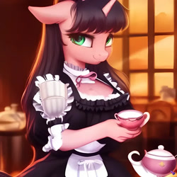 Size: 1024x1024 | Tagged: safe, imported from derpibooru, oc, oc only, anthro, unicorn, ai content, ai generated, choker, clothes, cup, female, floppy ears, food, generator:purplesmart.ai, generator:stable diffusion, horn, looking at you, maid, smiling, smiling at you, solo, tea, teacup, teapot