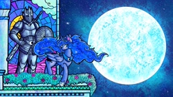 Size: 3840x2160 | Tagged: safe, artist:facadeart, imported from derpibooru, princess luna, alicorn, human, fanfic:the lunar guardsman, armor, balcony, commission, duo, ethereal mane, fanfic art, fimfiction, fimfiction.net link, flower, jewelry, moon, regalia, shield, stained glass, stained glass window, starry mane, starry night, sword