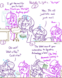 Size: 4779x6013 | Tagged: safe, artist:adorkabletwilightandfriends, imported from derpibooru, starlight glimmer, twilight sparkle, alicorn, pony, unicorn, comic:adorkable twilight and friends, absurd resolution, adorkable, adorkable twilight, bookhorse, comic, cute, desk, dork, excited, female, friendship, happy, magazine, magic, mail, map, mare, nerd, nerd pony, office, paper, pen, playing, sitting, slice of life, teasing, twilight sparkle (alicorn), working