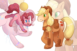 Size: 2048x1351 | Tagged: safe, artist:pink lemonade, imported from derpibooru, applejack, pinkie pie, earth pony, pony, bag, balloon, bracelet, crossed hooves, duo, duo female, ear fluff, female, floating, freckles, heart, heart eyes, hoers, jewelry, mare, open mouth, open smile, saddle bag, size difference, smiling, then watch her balloons lift her up to the sky, underhoof, unshorn fetlocks, wingding eyes, zoom layer