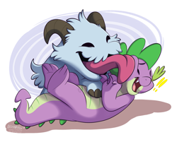 Size: 1838x1480 | Tagged: safe, artist:thedoggygal, imported from derpibooru, spike, dragon, cute, laughing, league of legends, licking, poro, simple background, spikabetes, squishy cheeks, tongue out, white background