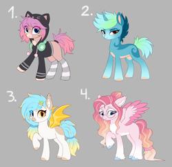 Size: 3700x3612 | Tagged: safe, artist:luminousdazzle, imported from derpibooru, oc, oc only, bat pony, earth pony, pegasus, pony, unicorn, adoptable, clothes, design, female, hair tie, headphones, heterochromia, hoodie, mare, markings, raised hoof, shy, simple background, smiling, socks, spread wings, striped socks, wings