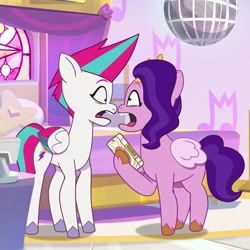 Size: 1081x1080 | Tagged: safe, imported from derpibooru, screencap, pipp petals, zipp storm, pegasus, pony, spoiler:g5, spoiler:my little pony: tell your tale, spoiler:tyts01e26, duo, female, g5, looking at each other, looking at someone, mare, my little pony: tell your tale, puphunt, royal sisters (g5), siblings, sisters