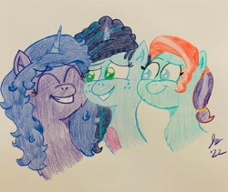 Size: 3024x2552 | Tagged: safe, artist:jesslmc16, imported from derpibooru, izzy moonbow, earth pony, pony, unicorn, best friends, colored pencil drawing, drawing, fanart, female, g5, jazz hooves, looking at each other, looking at someone, mare, misty brightdawn, my little pony: make your mark, smiling, smiling at each other, traditional art