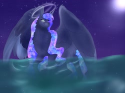 Size: 4057x3027 | Tagged: safe, artist:inisealga, imported from derpibooru, princess luna, alicorn, pony, commission, female, halo, mare, moon, night, night sky, outdoors, sky, solo, spread wings, water, wings