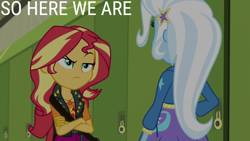 Size: 1920x1080 | Tagged: safe, edit, edited screencap, editor:quoterific, imported from derpibooru, screencap, sunset shimmer, trixie, human, equestria girls, equestria girls series, forgotten friendship