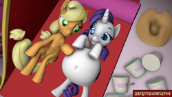 Size: 1920x1080 | Tagged: safe, artist:zapattackinflation, imported from derpibooru, applejack, rarity, earth pony, pony, 3d, applejack's hat, belly, belly button, bellyrubs, big belly, carousel boutique, couch, cowboy hat, fat, female, food, food baby, glowing, glowing eyes, grin, hat, ice cream, lesbian, lying down, photo, rarijack, raritubby, shipping, smiling, source filmmaker, spoon, watermark, weight gain