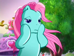 Size: 640x480 | Tagged: safe, imported from derpibooru, screencap, minty, earth pony, pony, a very pony place, positively pink, bipedal, boop, cute, female, fountain, frown, g3, lidded eyes, mare, mintabetes, outdoors, party cake place, self-boop, solo, tree