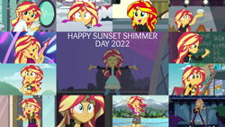 Size: 1978x1113 | Tagged: safe, edit, edited screencap, editor:quoterific, imported from derpibooru, screencap, sunset shimmer, human, eqg summertime shorts, equestria girls, equestria girls series, forgotten friendship, friendship games, friendship through the ages, holidays unwrapped, legend of everfree, let it rain, my past is not today, opening night, pet project, rainbow rocks, spring breakdown, spoiler:eqg series (season 2), belly button, bikini, clothes, female, legs, saving pinkie's pie, shorts, sleeveless, sunset shimmer day, swimsuit