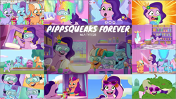 Size: 1975x1113 | Tagged: safe, edit, edited screencap, editor:quoterific, imported from derpibooru, screencap, pipp petals, sunny starscout, earth pony, pegasus, pony, unicorn, spoiler:g5, spoiler:my little pony: tell your tale, spoiler:tyts01e28, beard, facial hair, female, filly, foal, g5, glory (g5), goggles, hat, lip gloss, mare, microphone, my little pony: tell your tale, open mouth, open smile, peach fizz, pippsqueak trio, pippsqueaks, pippsqueaks forever, safety goggles, seashell (g5), smiling, smoothie, sunglasses