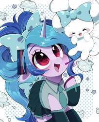 Size: 2894x3544 | Tagged: safe, artist:potetecyu_to, imported from derpibooru, izzy moonbow, pony, unicorn, anime, bow, cinnamoroll, clothes, cosplay, costume, crossover, cute, female, g5, hair bow, hatsune miku, izzybetes, mare, open mouth, open smile, skirt, smiling, solo, vocaloid