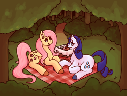 Size: 1280x960 | Tagged: safe, artist:theclister, imported from derpibooru, fluttershy, rarity, pegasus, pony, unicorn, female, flarity, forest, lesbian, looking at each other, looking at someone, mare, picnic, picnic blanket, shipping