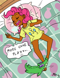 Size: 1041x1347 | Tagged: safe, artist:megasweet, artist:smile, edit, edited edit, editor:anonymous, imported from twibooru, gummy, pinkie pie, human, banned from derpibooru, bed, child, clothes, cunny, dark skin, drool, feet, female, humanized, image, lolicon, onomatopoeia, partial nudity, pillow, png, shirt, sleeping, snot bubble, solo, sound effects, twibooru exclusive, underage, underwear, younger, zzz
